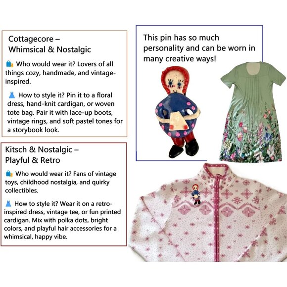 Vintage Handmade Clay Pin Raggedy Ann Inspired Folk Art Whimsical Brooch 1.5 in. - Picture 6 of 9